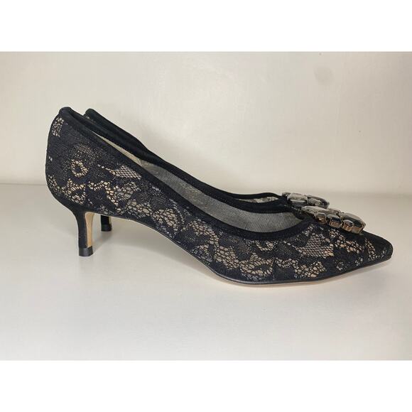 LK BENNETT HEELS 39.5 40 KITTEN BLACK LACE NUDE JULIET SUEDE JEWEL EMBELLISHMENT - Picture 2 of 16